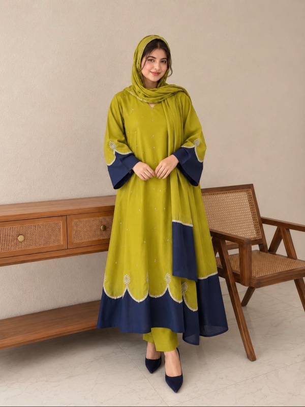 Viral Cutwork Anarkali – Lime Green & Navy Blue [PF007]