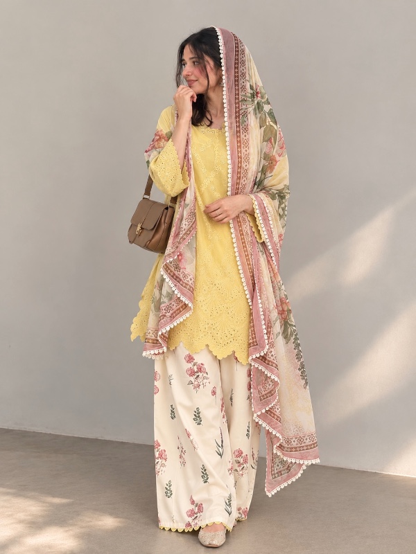 Schiffli Cutwork Suit – Yellow [PC056]