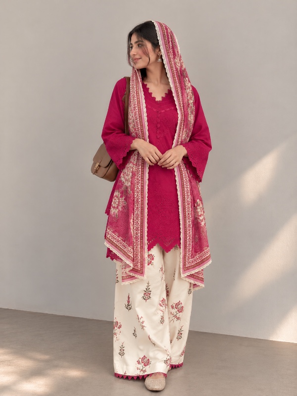 Schiffli Cutwork Suit – Rani Pink [PC057]