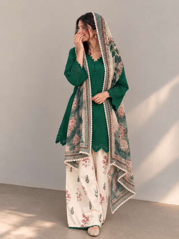 Schiffli Cutwork Suit – Bottle Green [PC058]