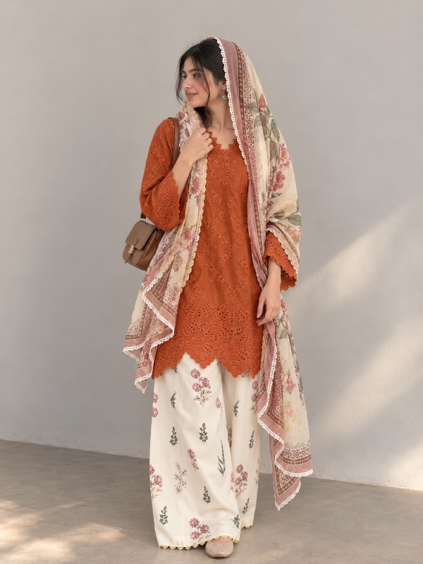 Schiffli Cutwork Suit – Rust Orange [PC059]