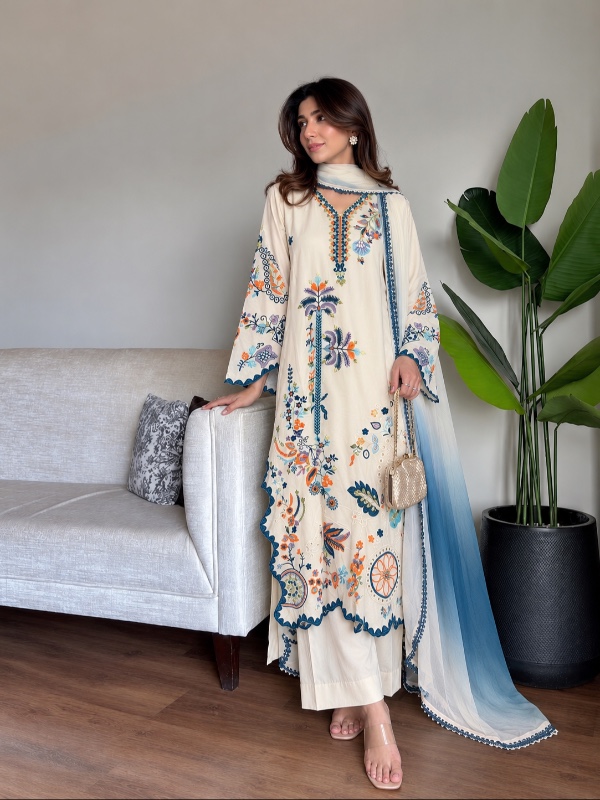 Cream Teal Mirror Work Paksuit [PC070]