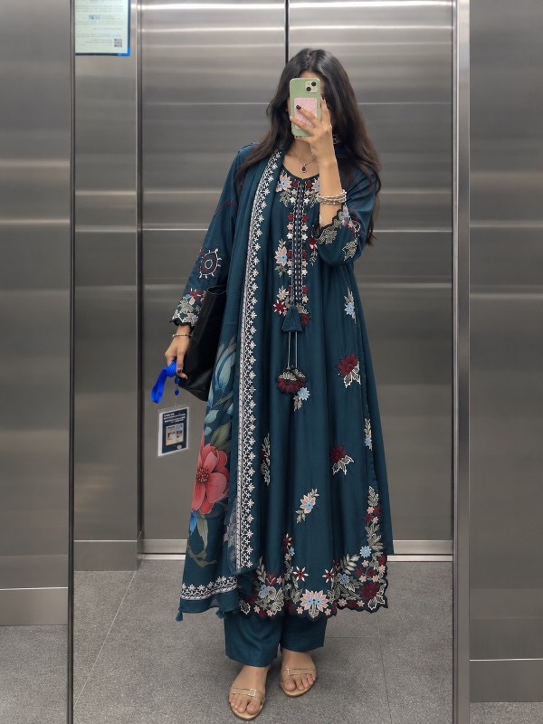 Deep Teal Floral Cotton Satin Paksuit [PC073]